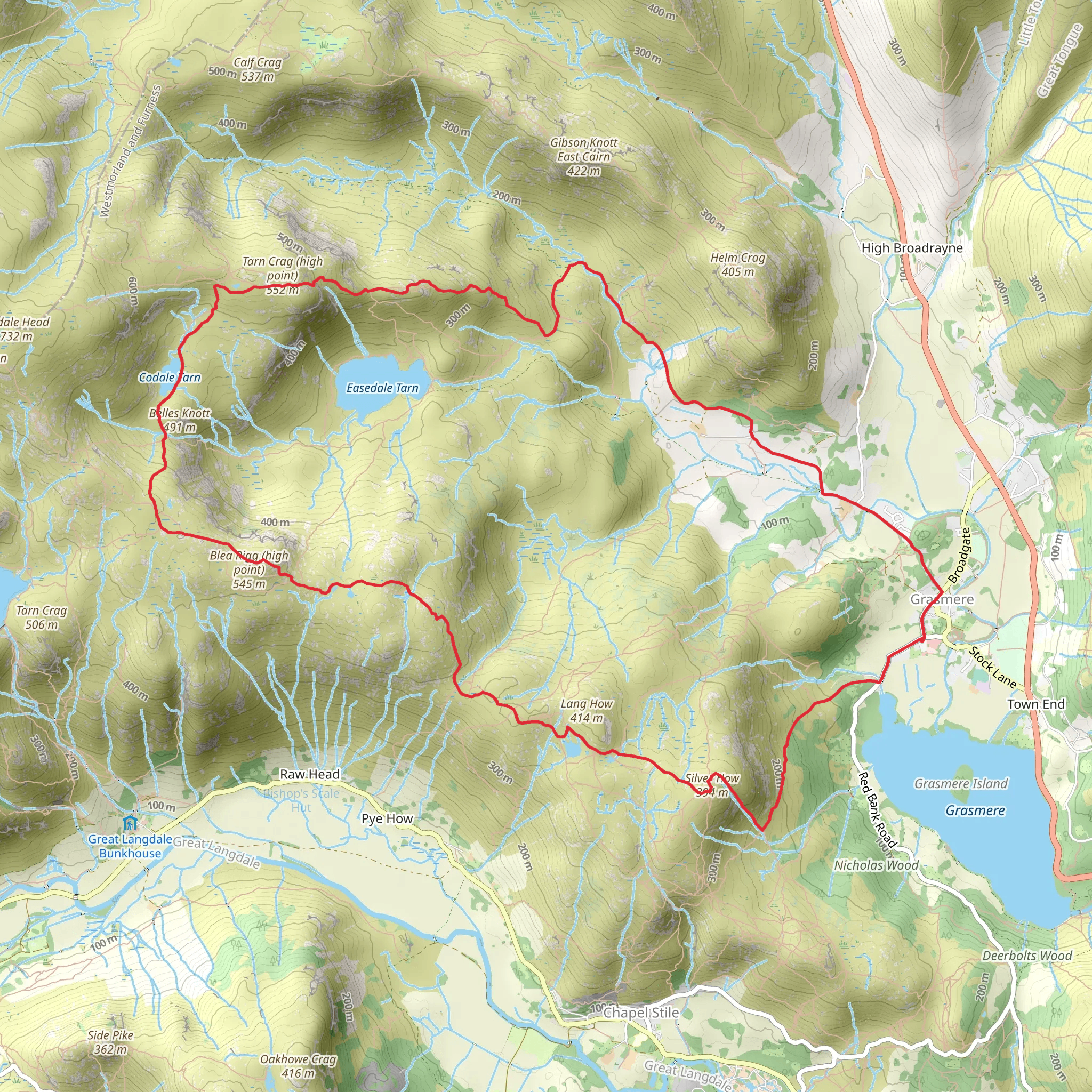Codale Tarn, Blea Rigg, Lang How Tarn and Silver How Loop mobile static map