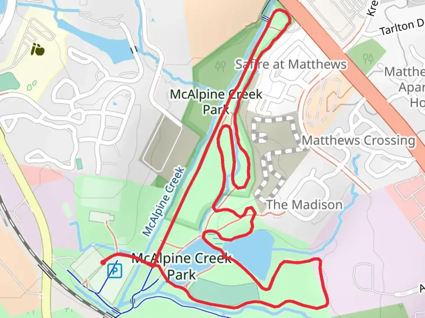 An image depicting the trail McAlpine Creek Park Loop and its surrounding area.