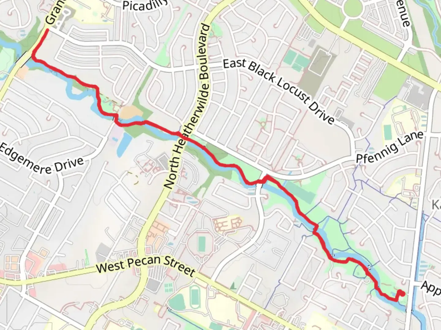 An image depicting the trail Gilleland Creek Trail and Gilleland Creek Trail West and its surrounding area.