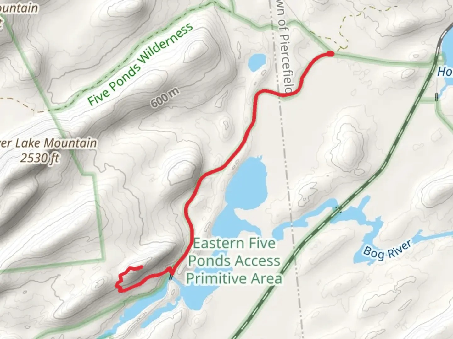 An image depicting the trail Bog River Out and Back and its surrounding area.