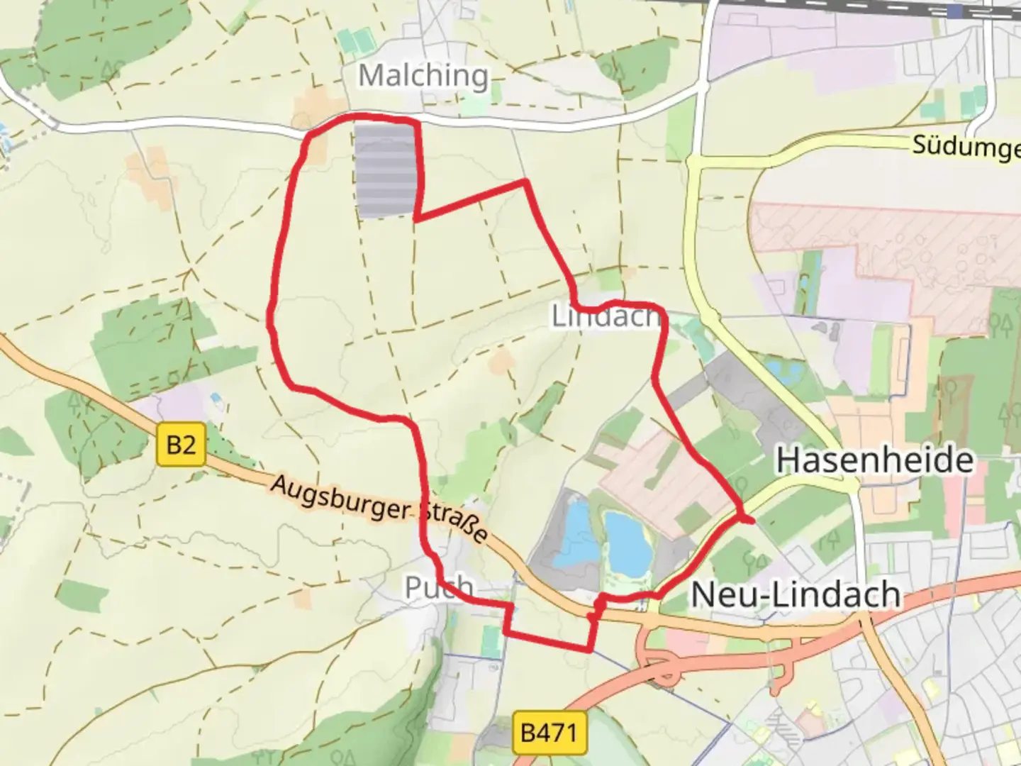An image depicting the trail Lindach and Puch Loop via Puchermeer and its surrounding area.