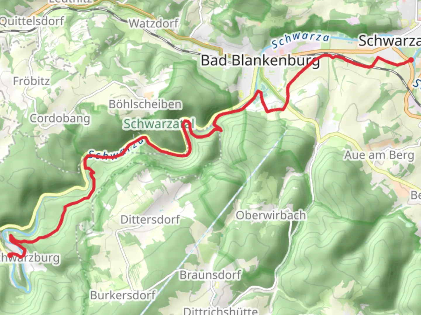 An image depicting the trail Schwarza to Schwarzburg Walk and its surrounding area.