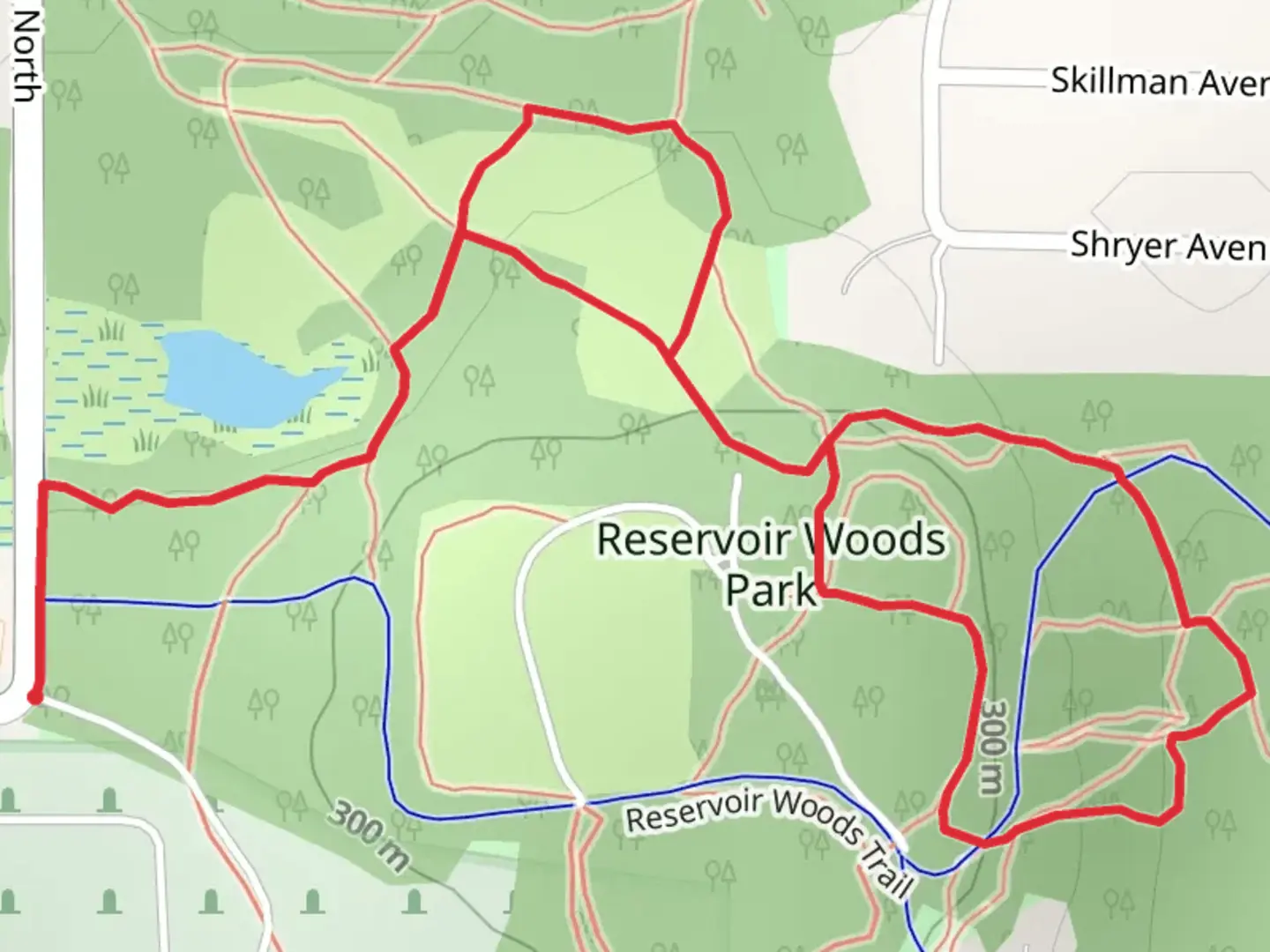 An image depicting the trail Reservoir Woods Park Loop and its surrounding area.