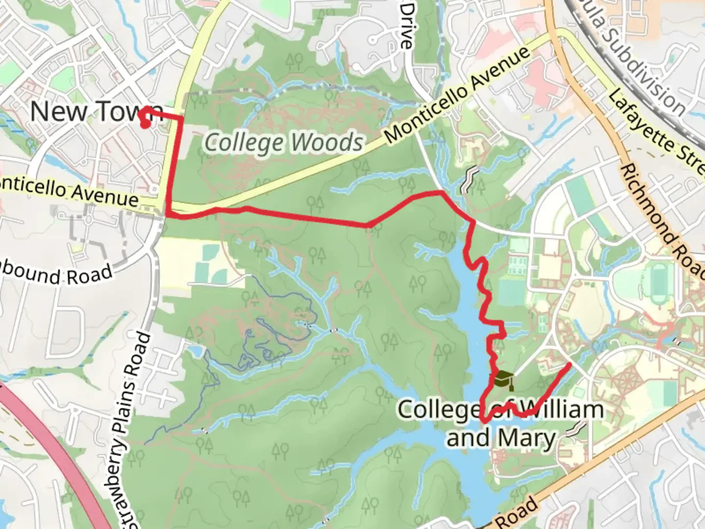 An image depicting the trail Monticello and Matoaka Lake Trail and its surrounding area.