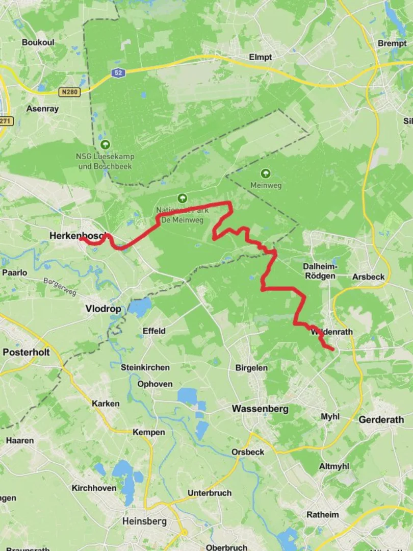 An image depicting the trail Wildenrath to herkenbosch Walk via National Park de Meinweg and its surrounding area.