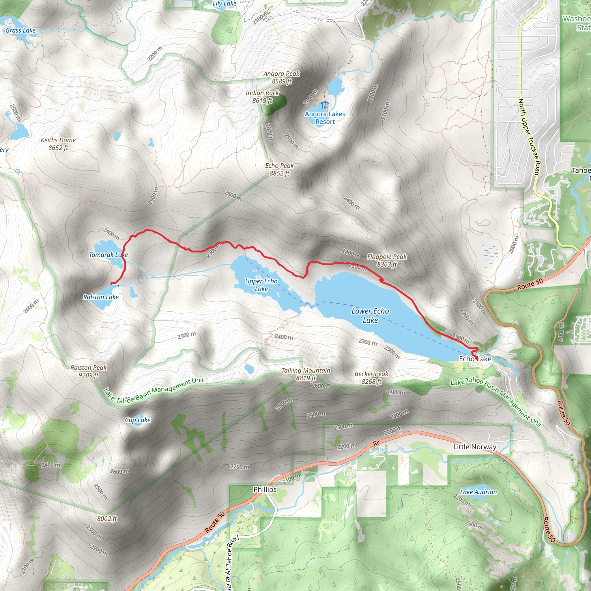 Echo Lake, Tamarack Lake and Ralston Lake via Tahoe Rim Trail mobile static map