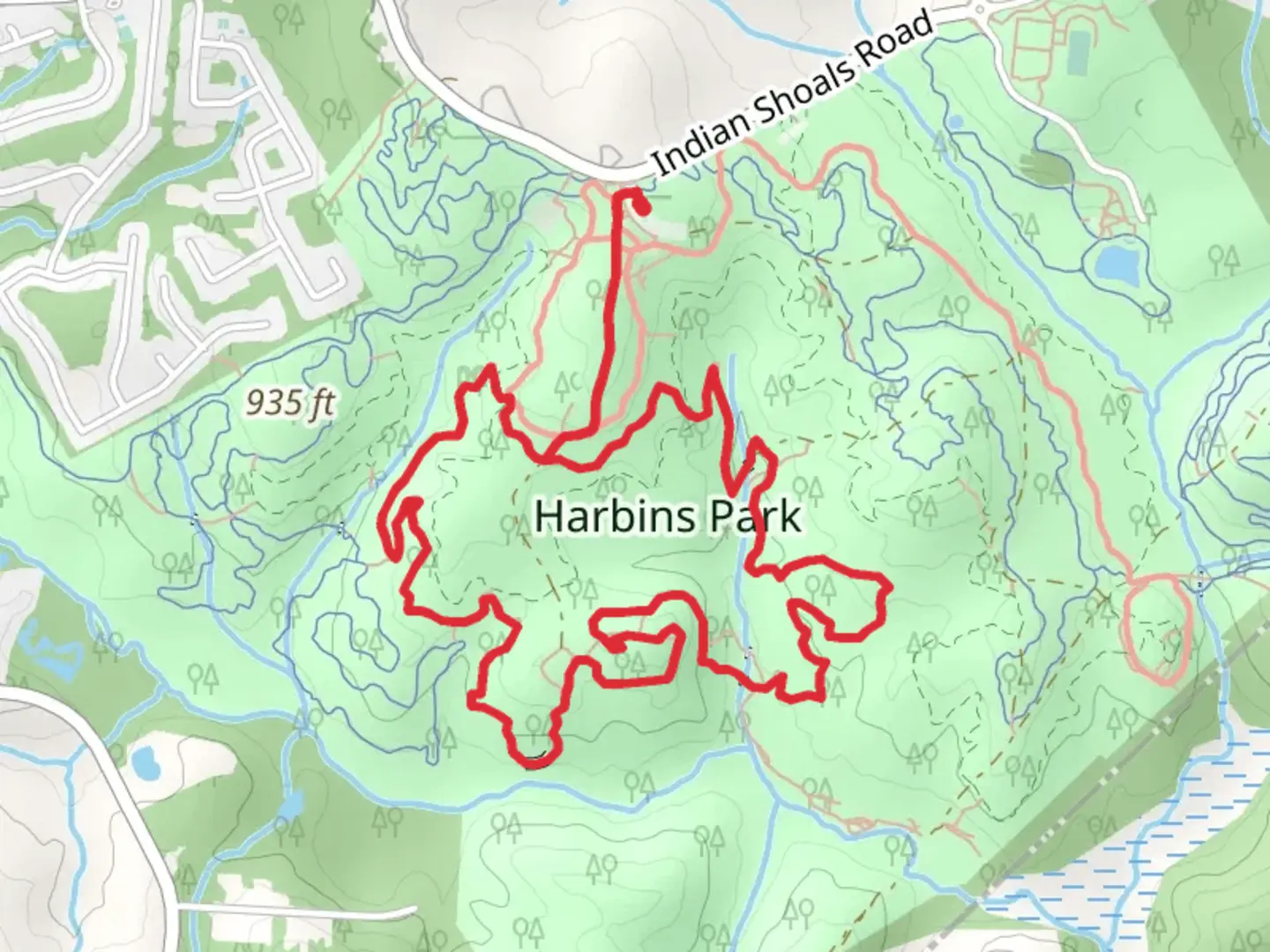 An image depicting the trail Harbins Park Big Loop and its surrounding area.