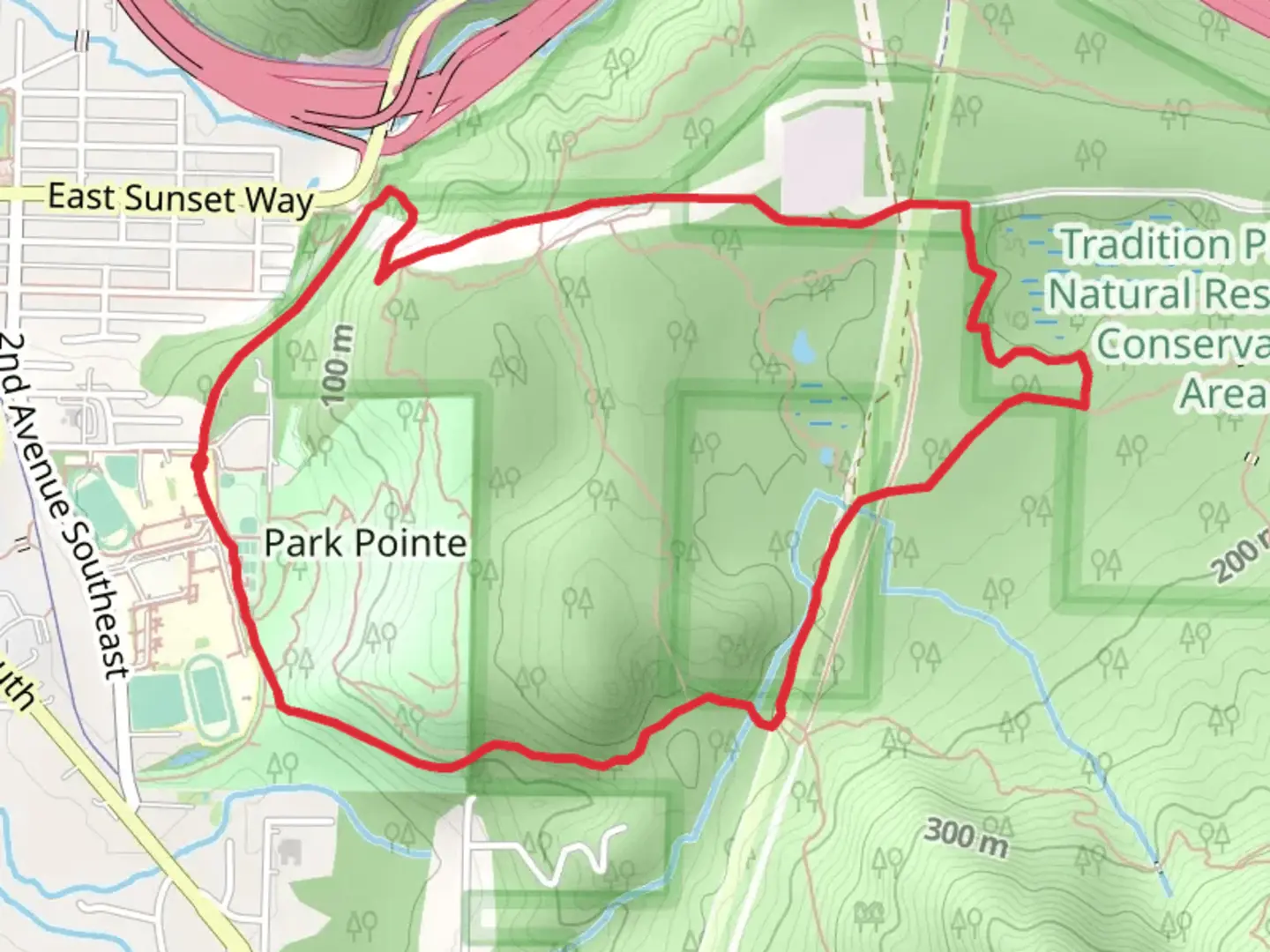 An image depicting the trail Bus Trail and High School Trail and its surrounding area.