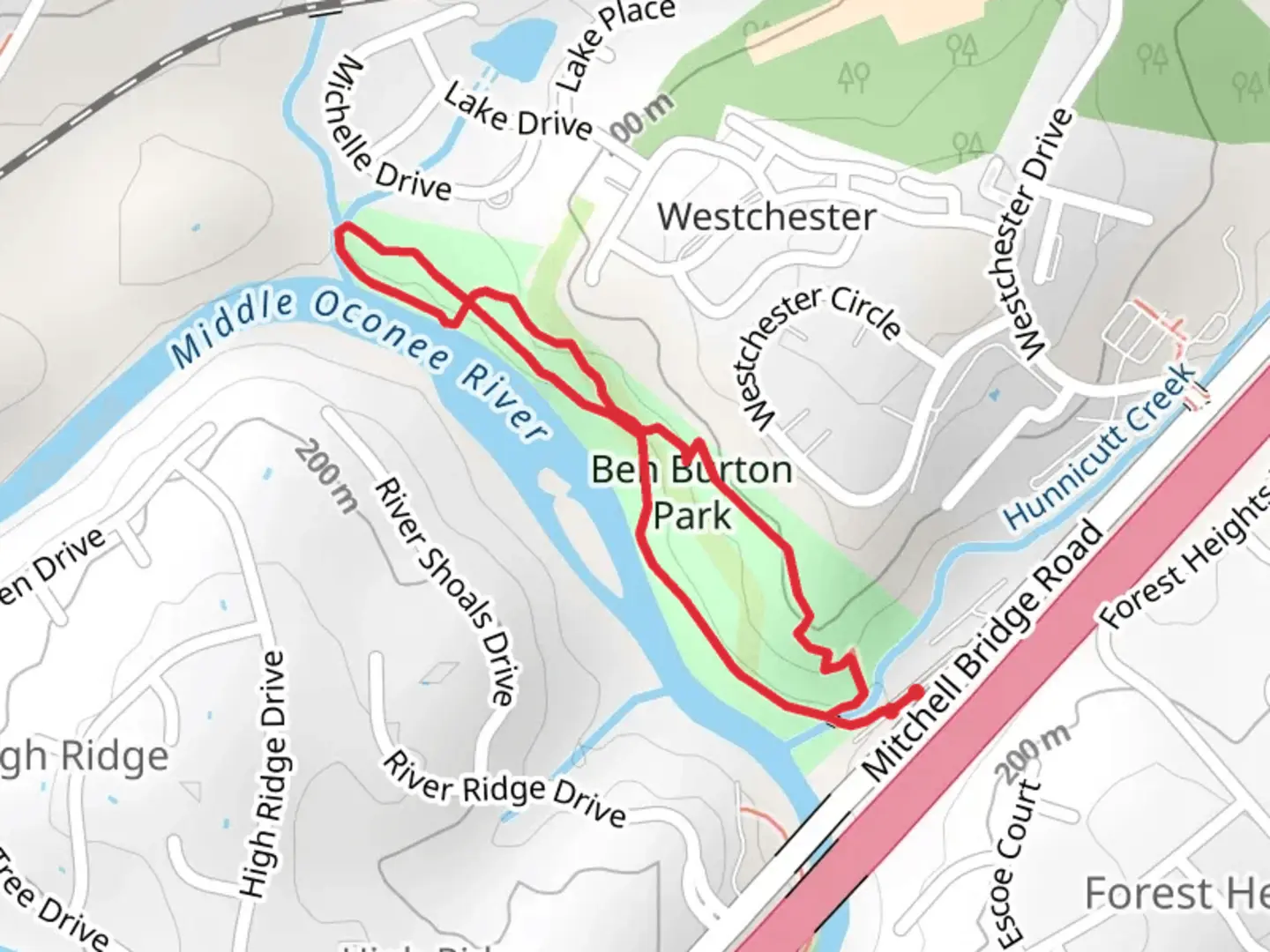 An image depicting the trail Middle Oconee River Northeast Side Loop and its surrounding area.