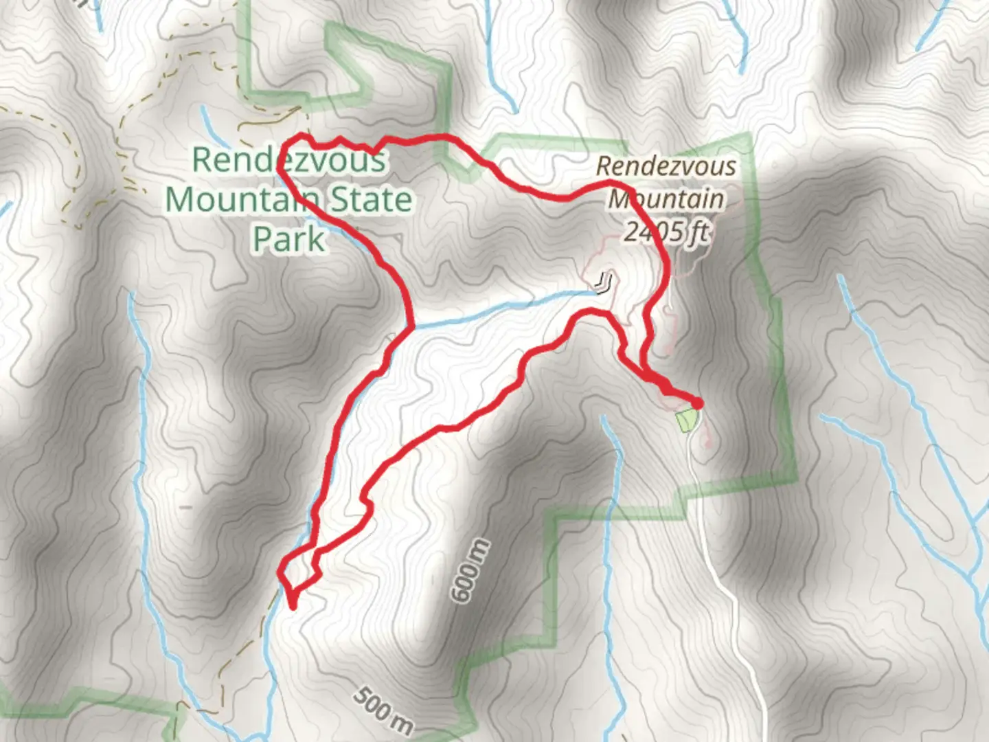 An image depicting the trail Amadehy Waterfalls and Rendezvous Mountain Ridge Loop Trail and its surrounding area.