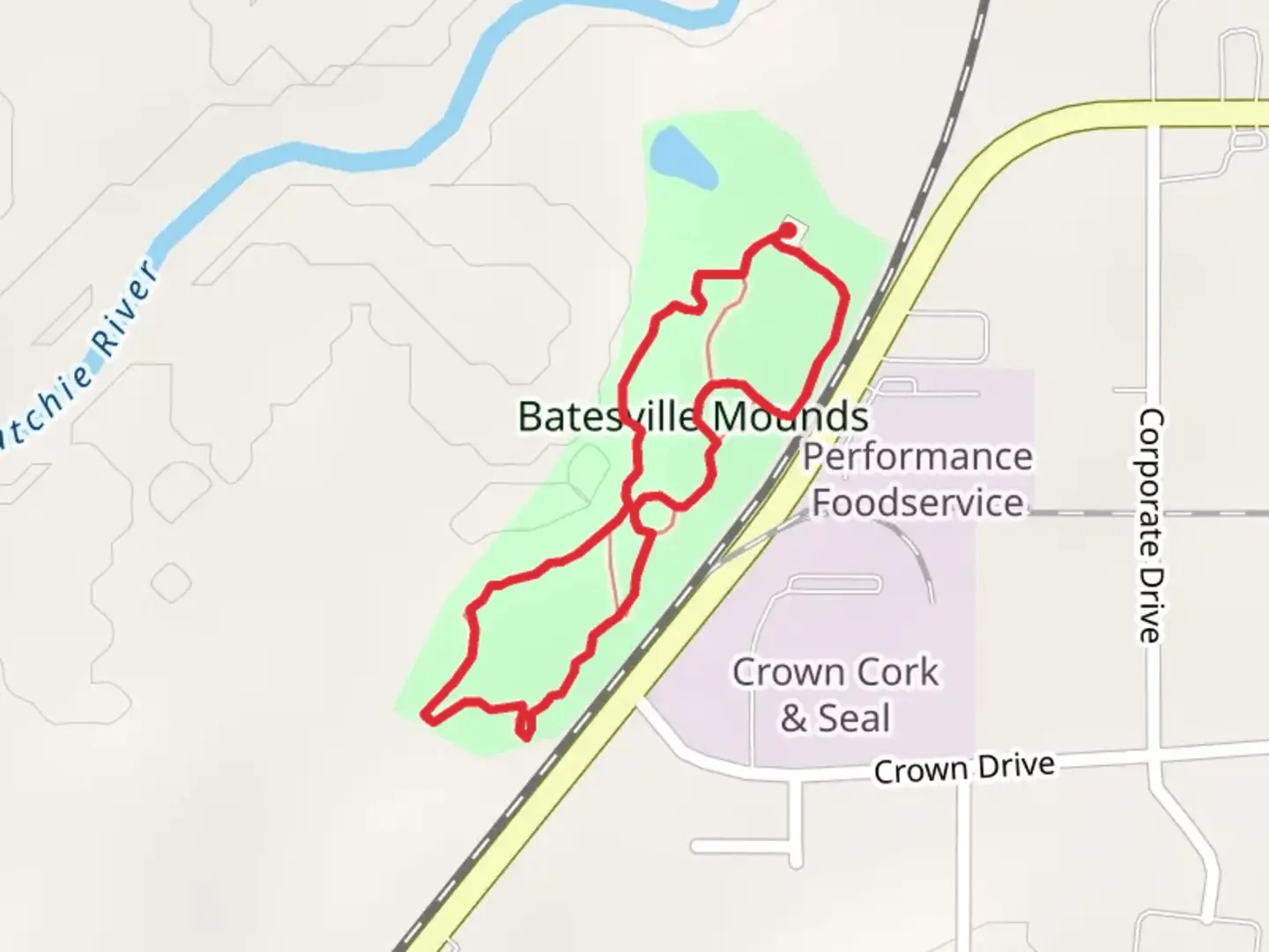 An image depicting the trail Batesville Mounds Loop and its surrounding area.