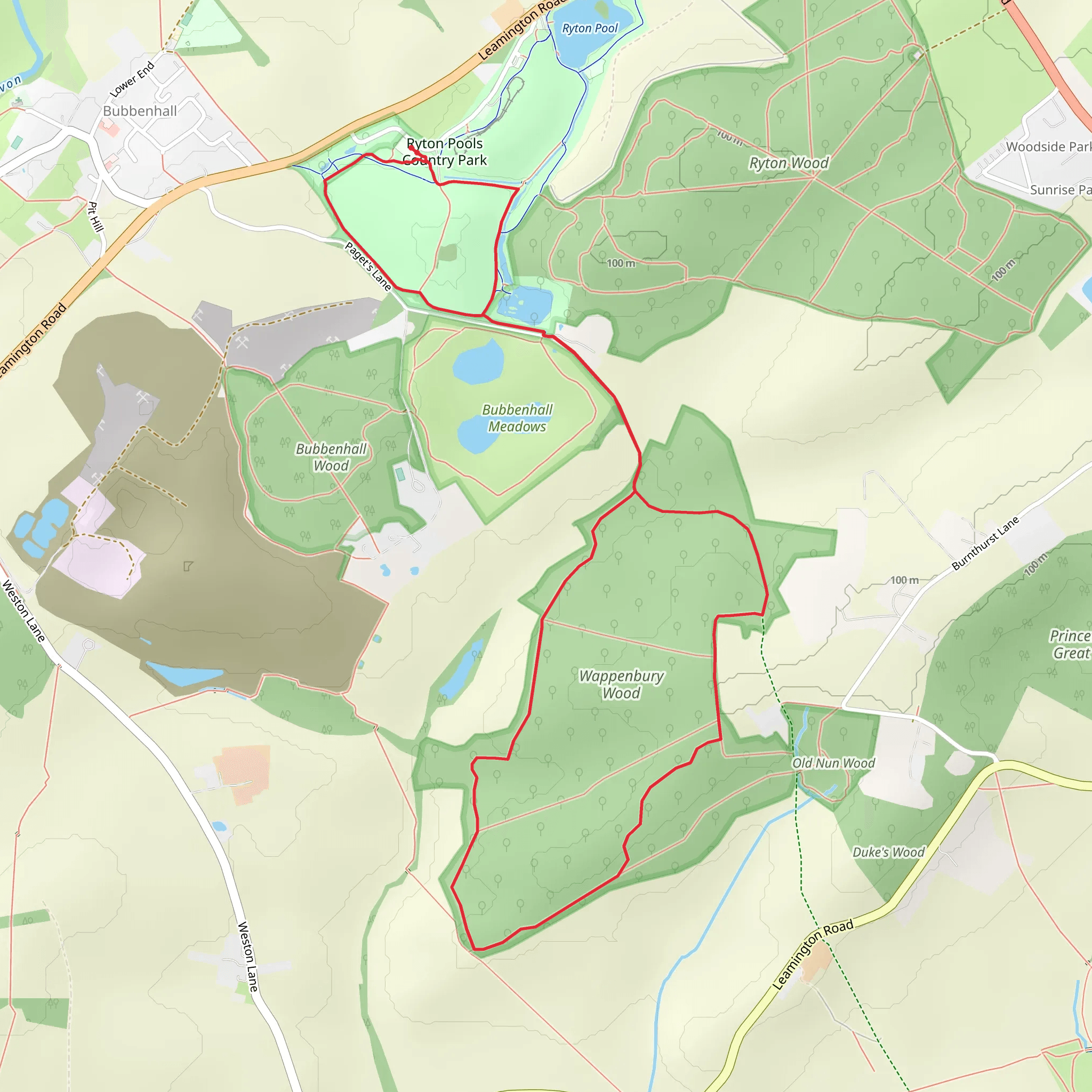 Ryton Pools Country Park and Wappenbury Wood Loop mobile static map