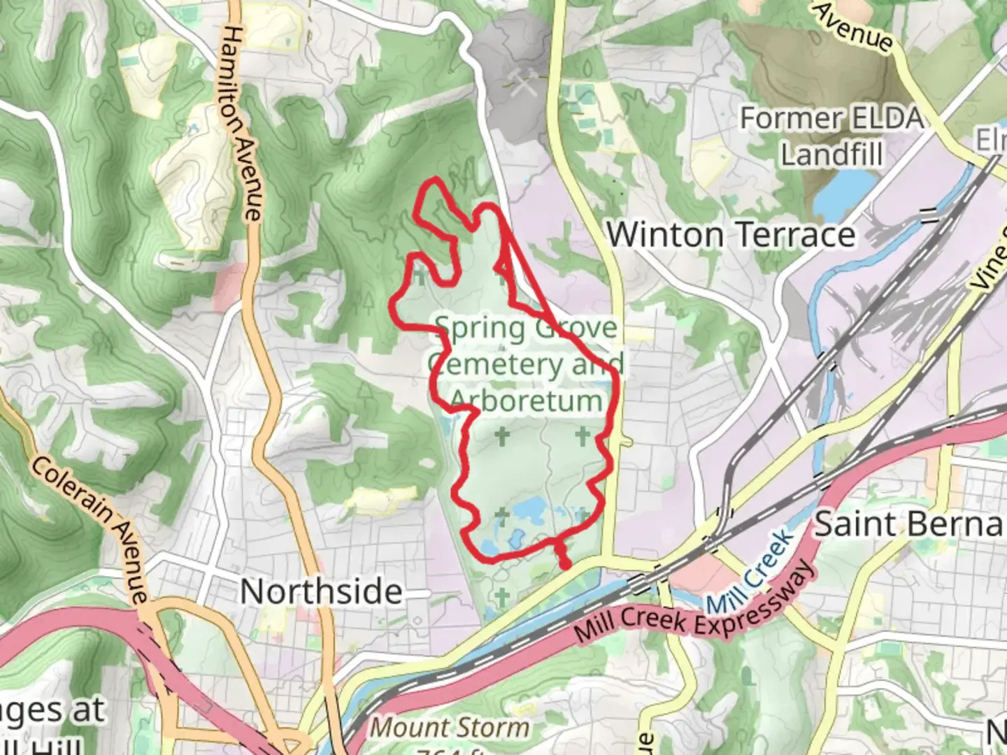 An image depicting the trail Spring Grove Cemetery and Arboretum Loop and its surrounding area.