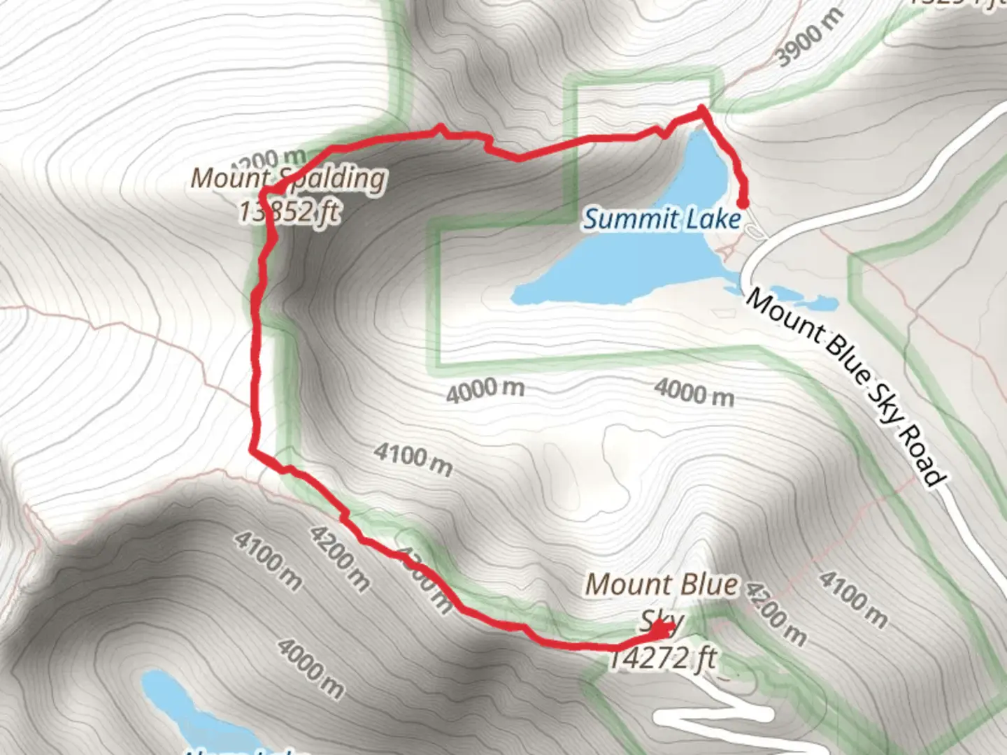 An image depicting the trail Mount Blue Sky and Mount Spalding via Spalding Trail and its surrounding area.