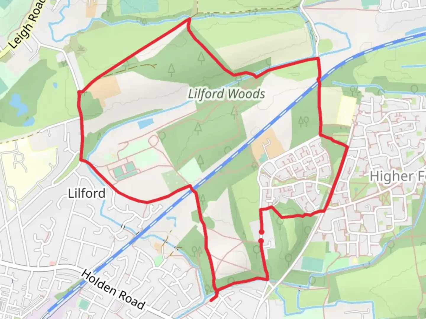 An image depicting the trail Lilford Woods Loop and its surrounding area.