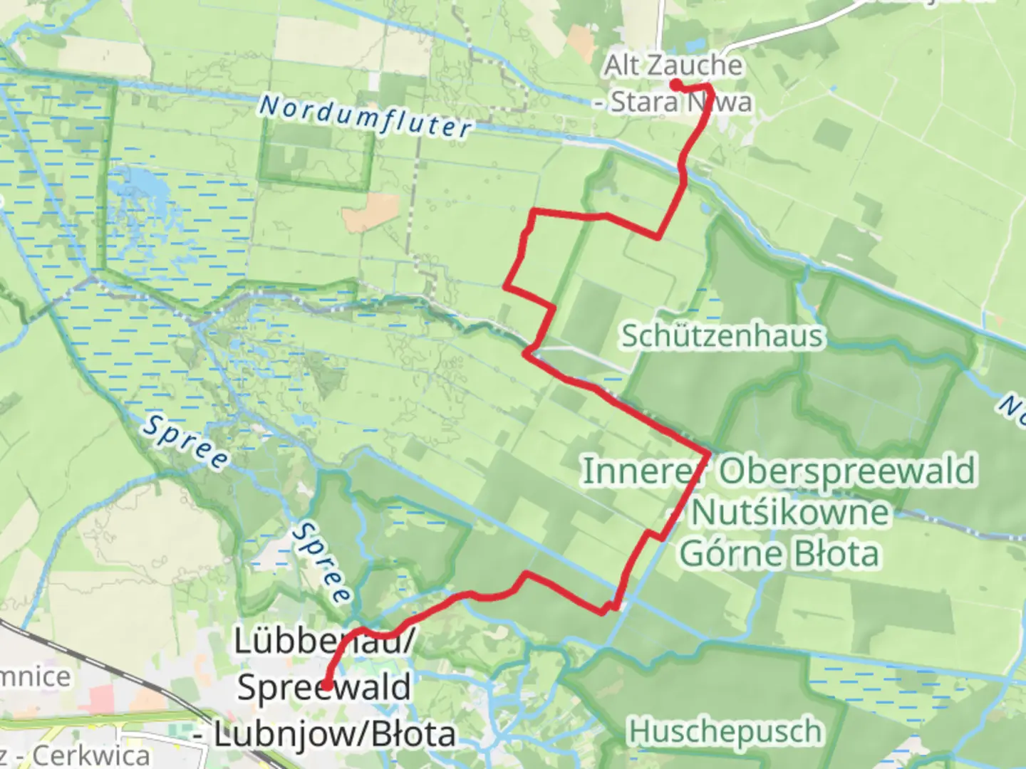An image depicting the trail Lübbenau to Alt Zauche Stara Niwa Walk via Naturschutzgebiet and its surrounding area.
