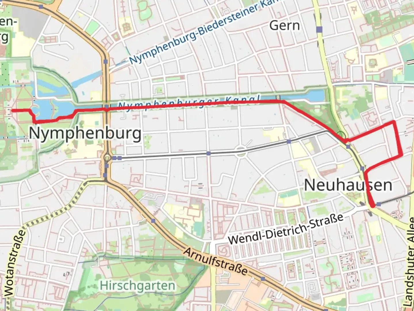 An image depicting the trail Nymphenburg Palace Walk from Rotkreuzplatz and its surrounding area.