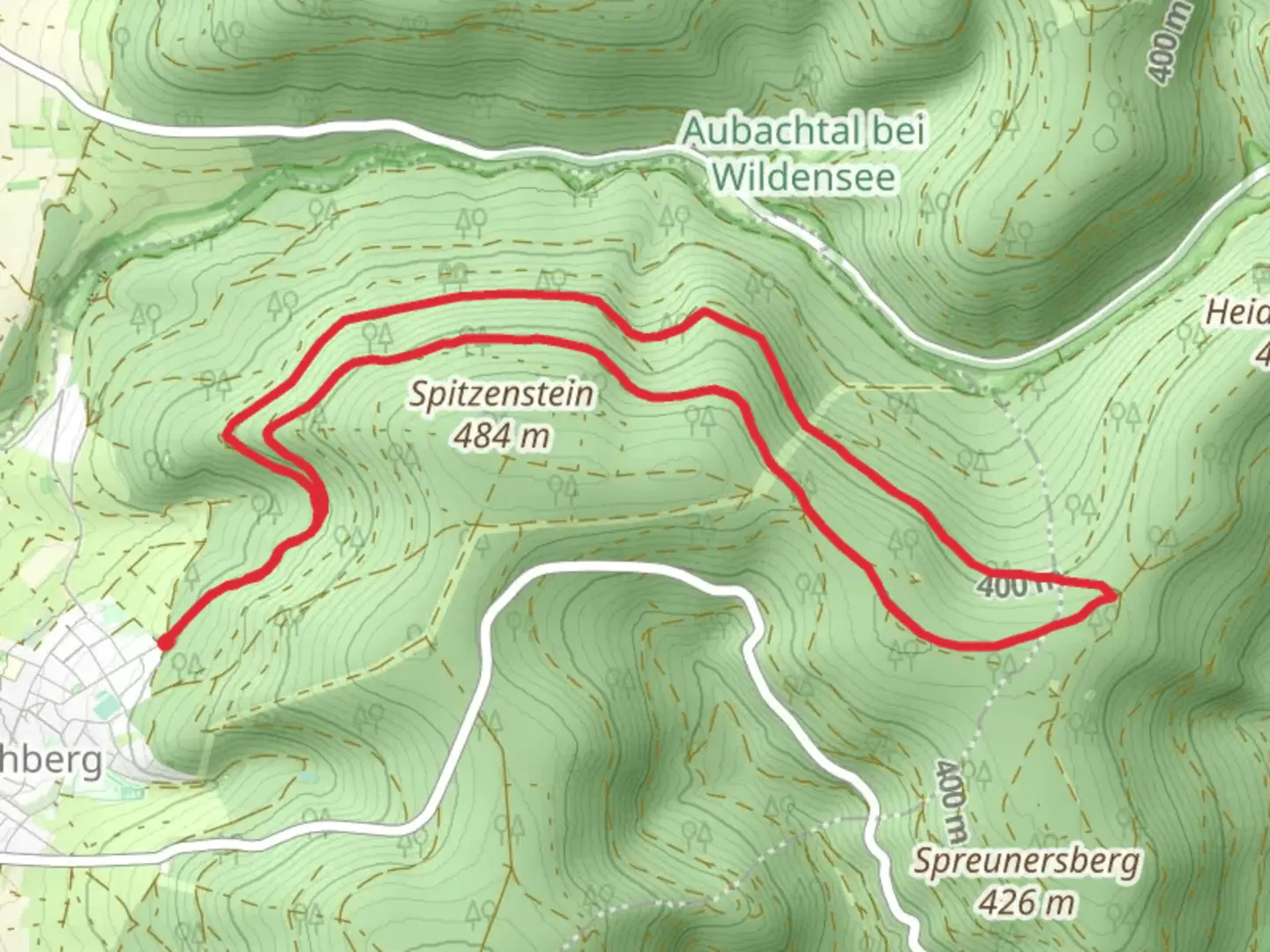 An image depicting the trail Spessartraeuberland Weg and Rot Sparkassen Trail and its surrounding area.