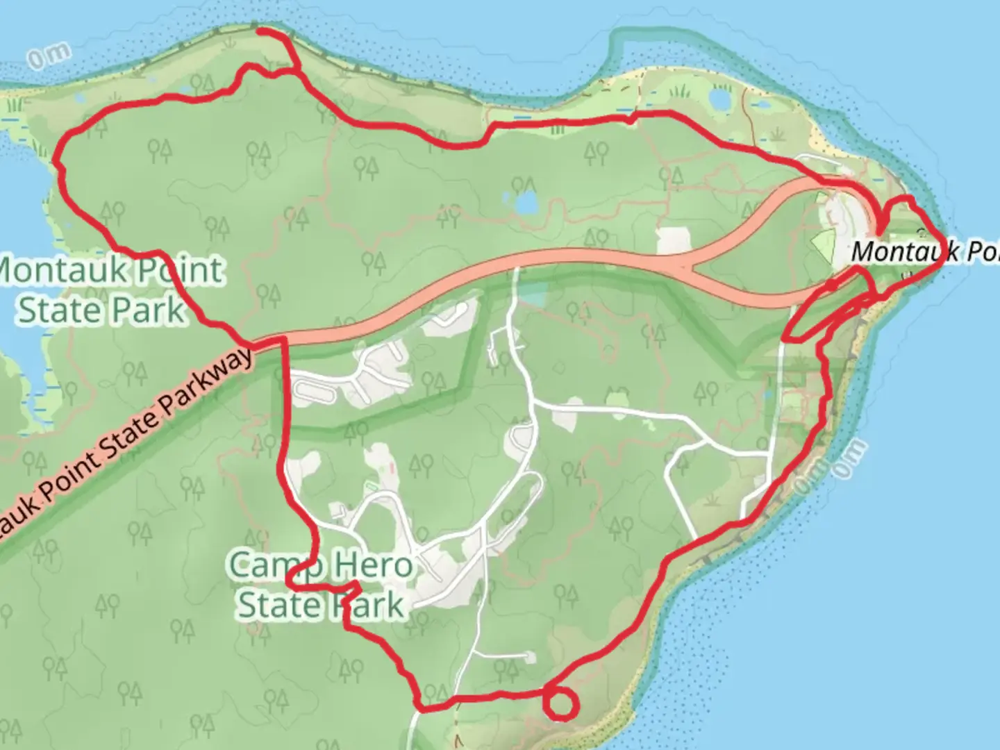 An image depicting the trail Montauk Point, Money Pond and Oyster Pond Loop Trail and its surrounding area.