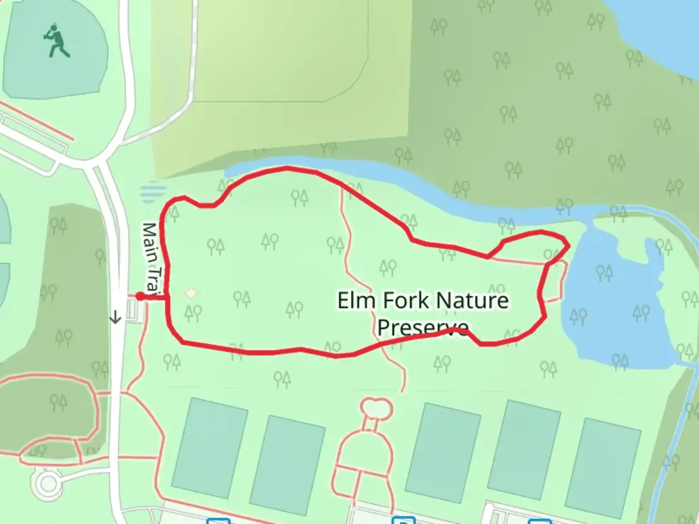 An image depicting the trail Elm Fork Nature Preserve Loop and its surrounding area.