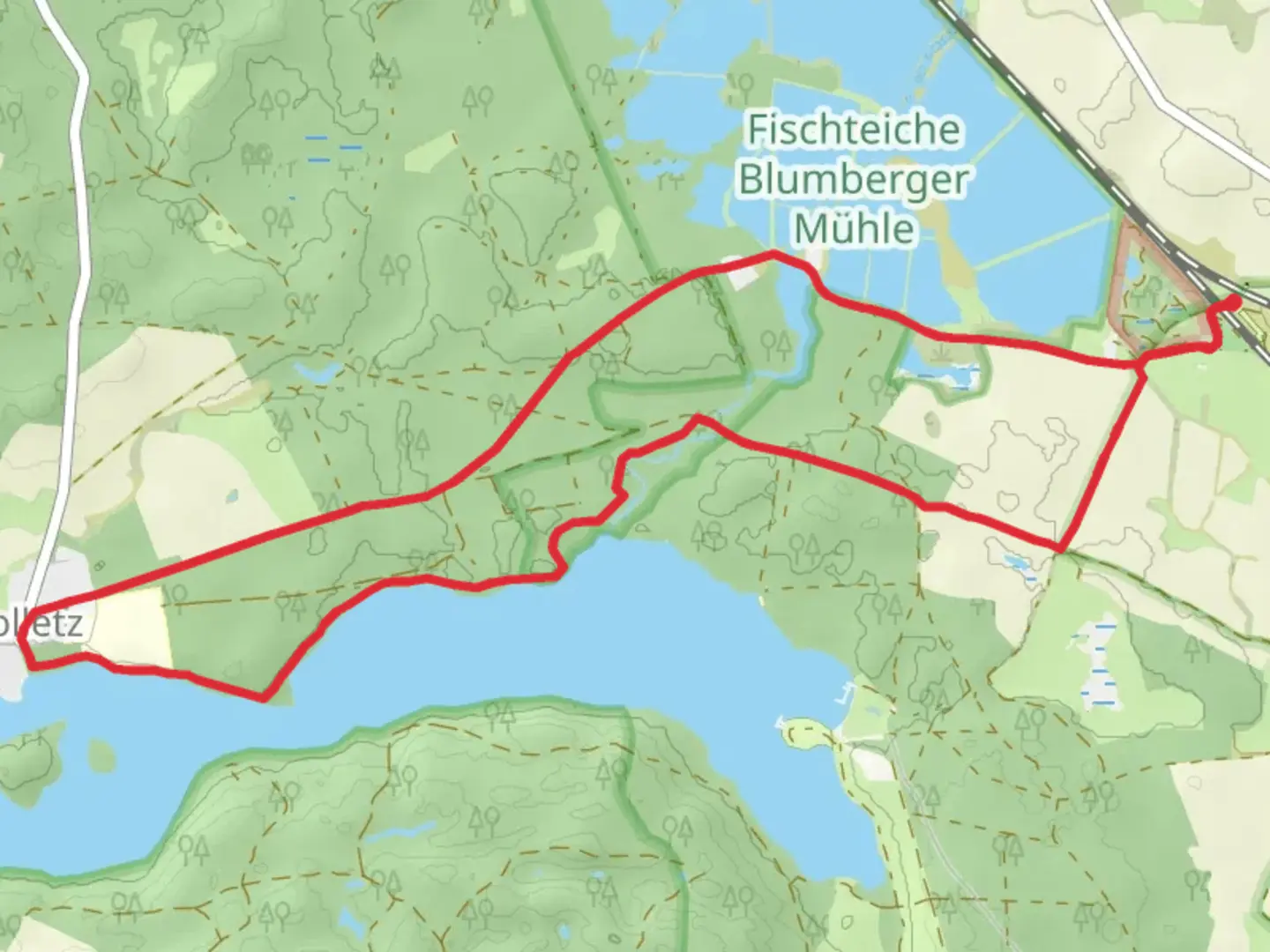 An image depicting the trail Blumberger Mühle and Wolletz Loop and its surrounding area.