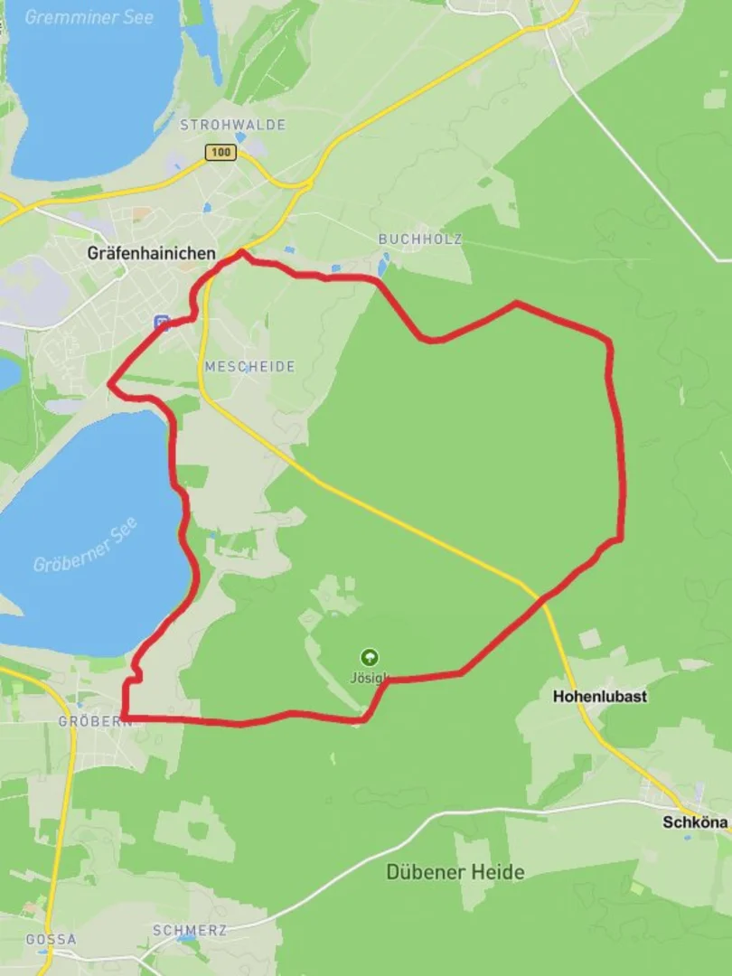 An image depicting the trail Groberner See and Josigk Loop and its surrounding area.