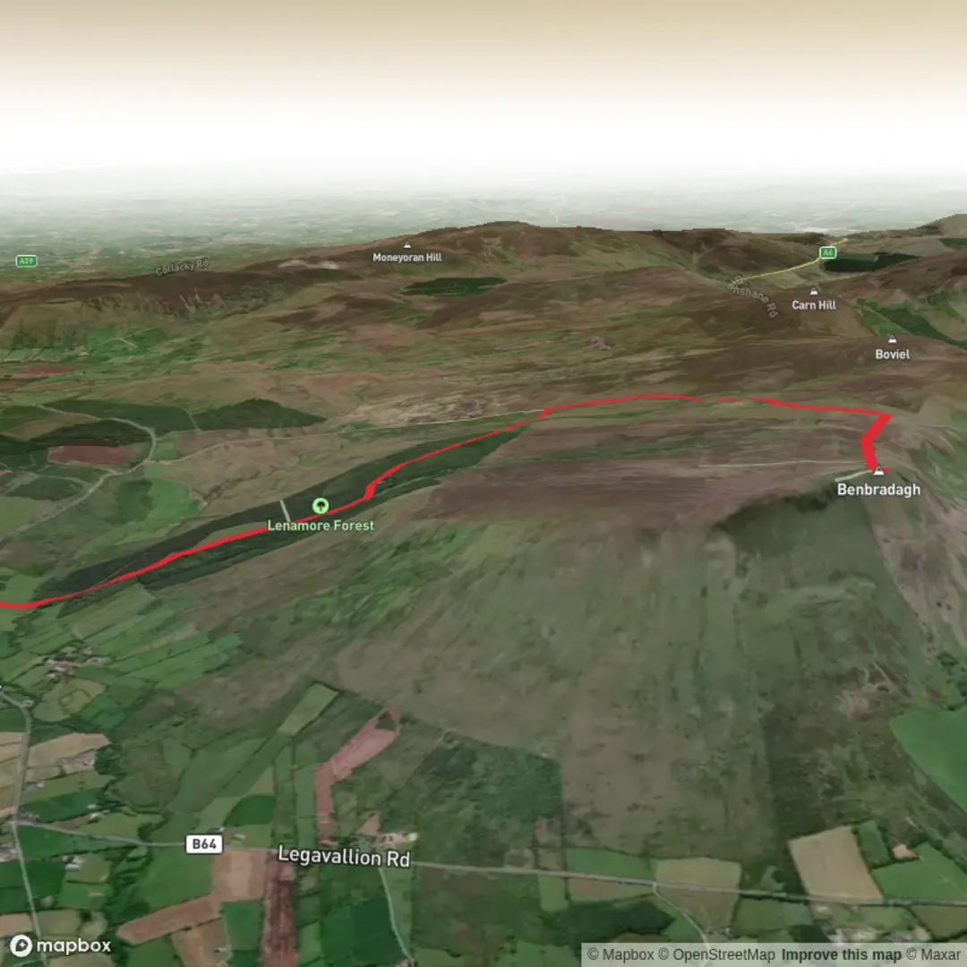 An image depicting the trail Benbradagh Peak & back using the North Sperrins Way and its surrounding area.