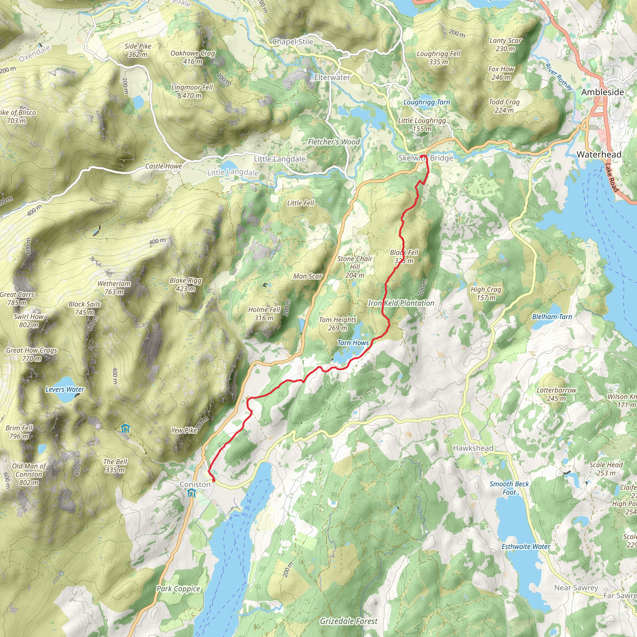 Coniston to Skelwith Bridge Walk mobile static map