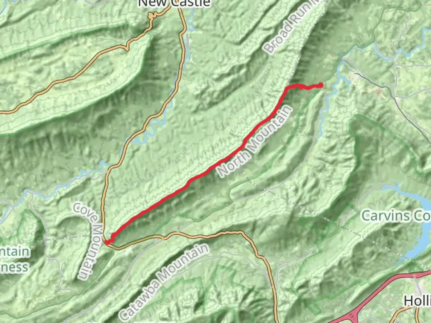 An image depicting the trail North Mountain Trail from Catawba Road and its surrounding area.