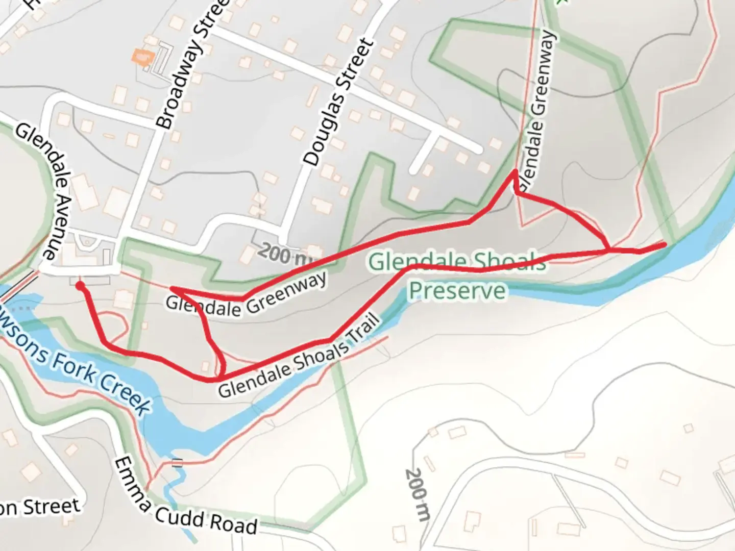 An image depicting the trail Glendale Shoals and Greenway Loop and its surrounding area.