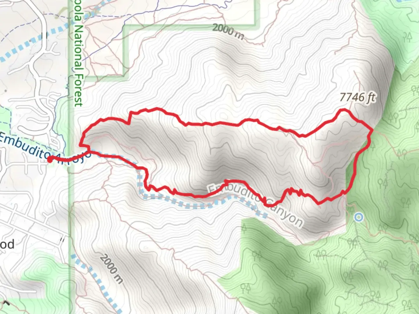 An image depicting the trail Oso Ridge and Embudito Loop Trail and its surrounding area.