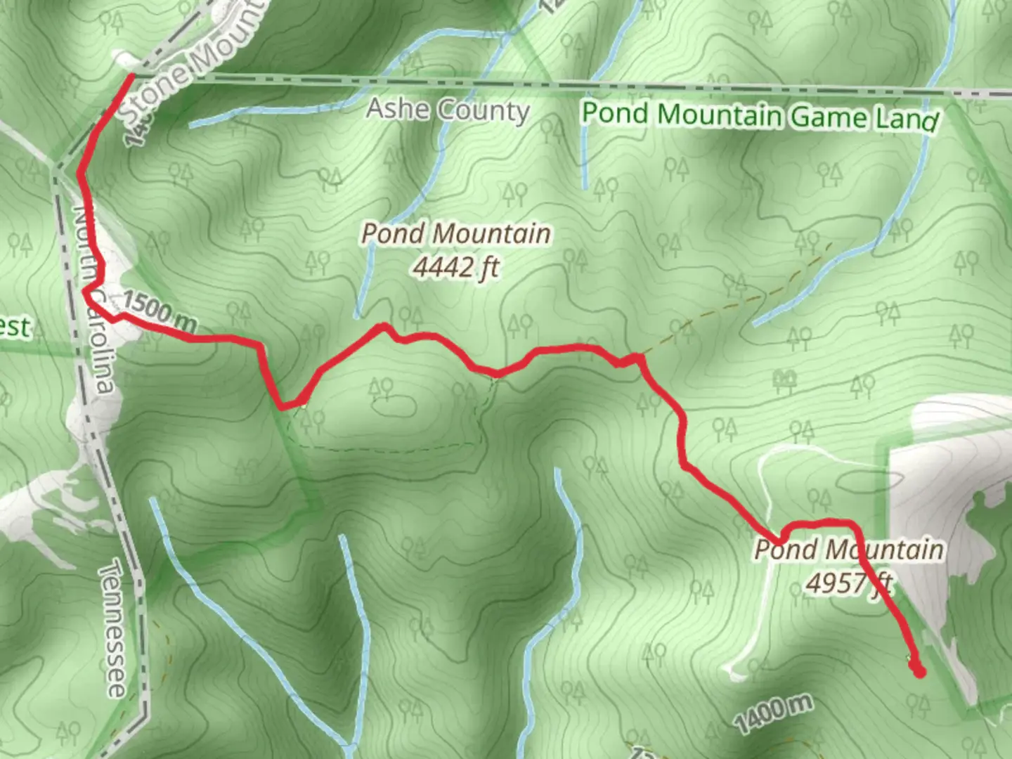 An image depicting the trail Pond Mountain Hunt Camp Out and Back and its surrounding area.