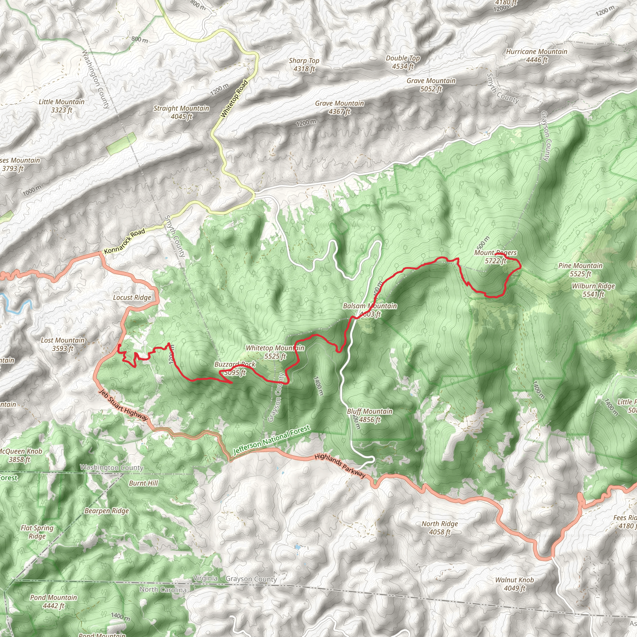 Mountain Rogers via Appalachian Trail from Jeb Stuart Highway mobile static map
