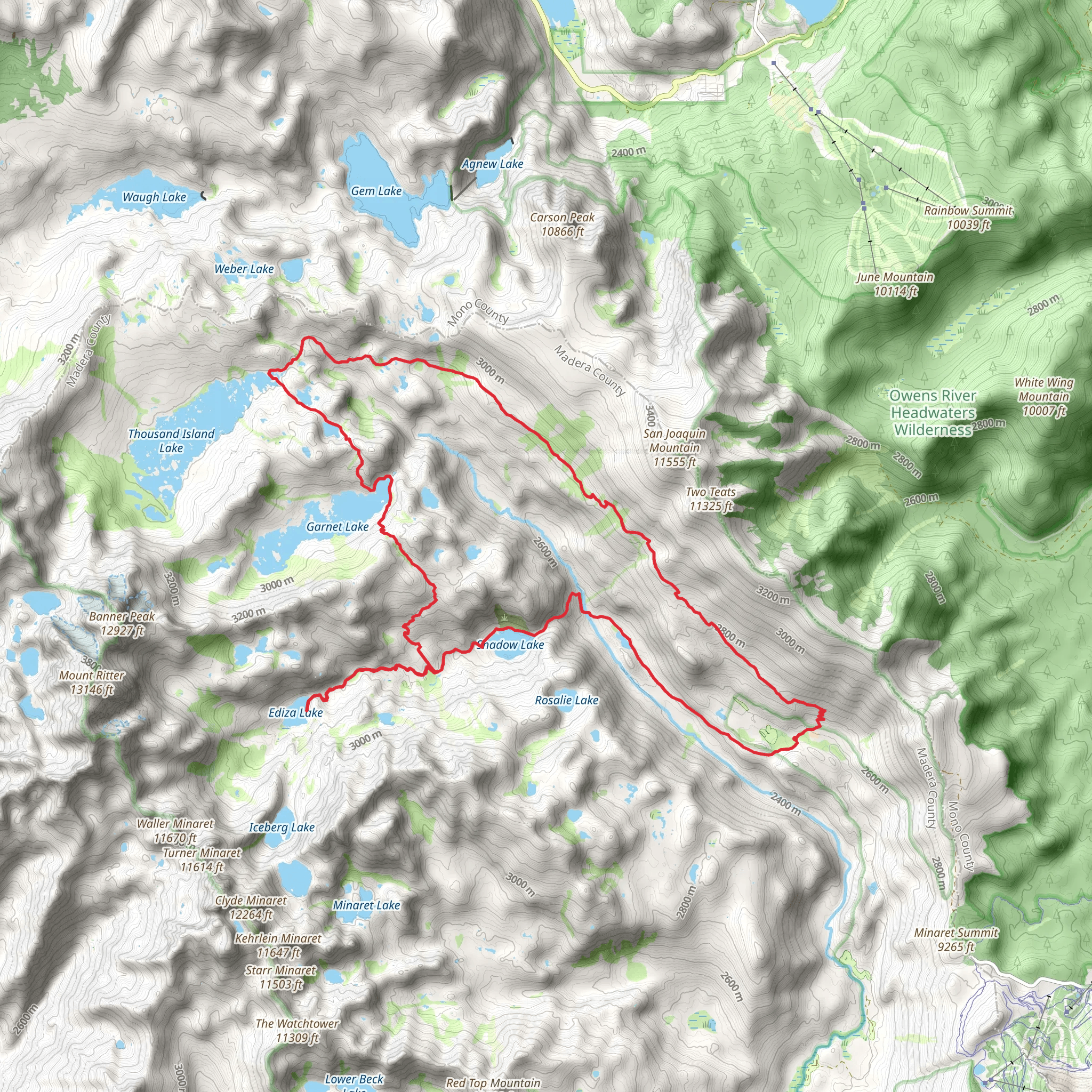 Shadow, Ediza, Garnet and Thousand Island Lake Loop Trail mobile static map