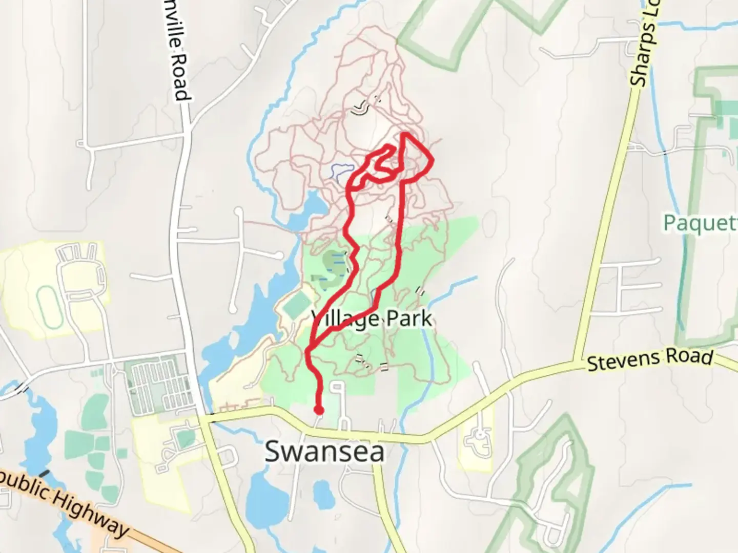 An image depicting the trail Swansea - Village Park Loop Trail and its surrounding area.