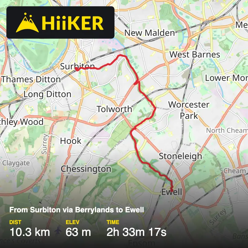 A map preview of the recording London - Hogsmill River walk - Surbiton to Ewell.