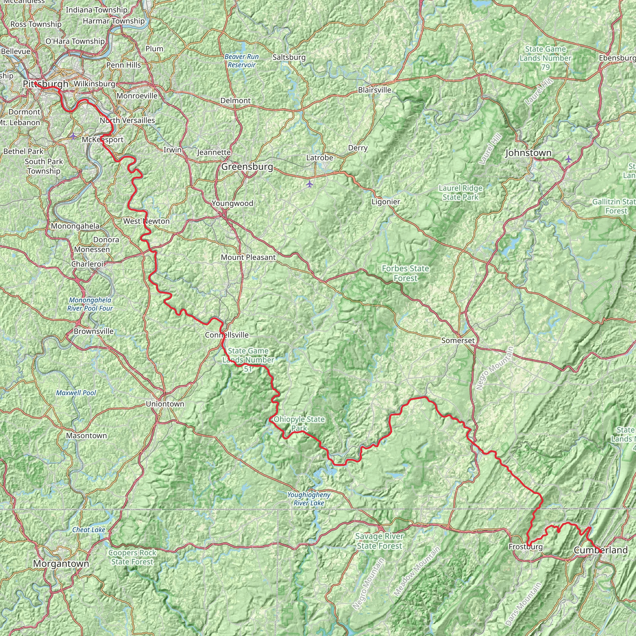 Pittsburgh to Cumberland Trail mobile static map