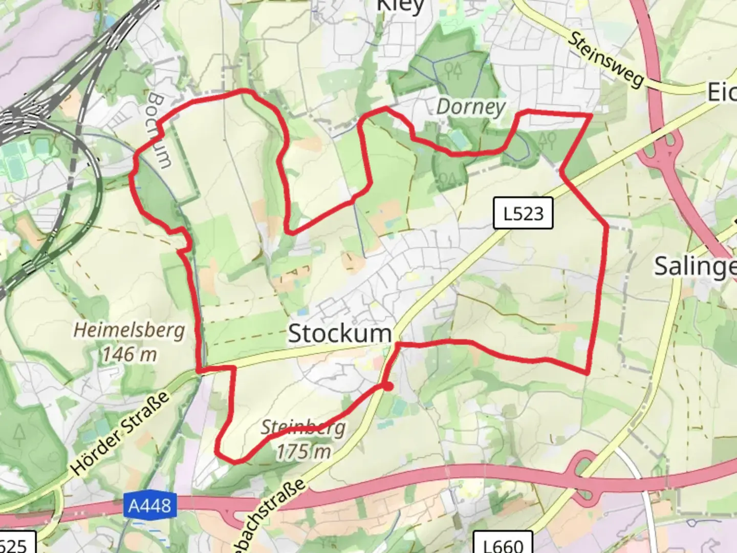 An image depicting the trail Stockum Rundweg and its surrounding area.