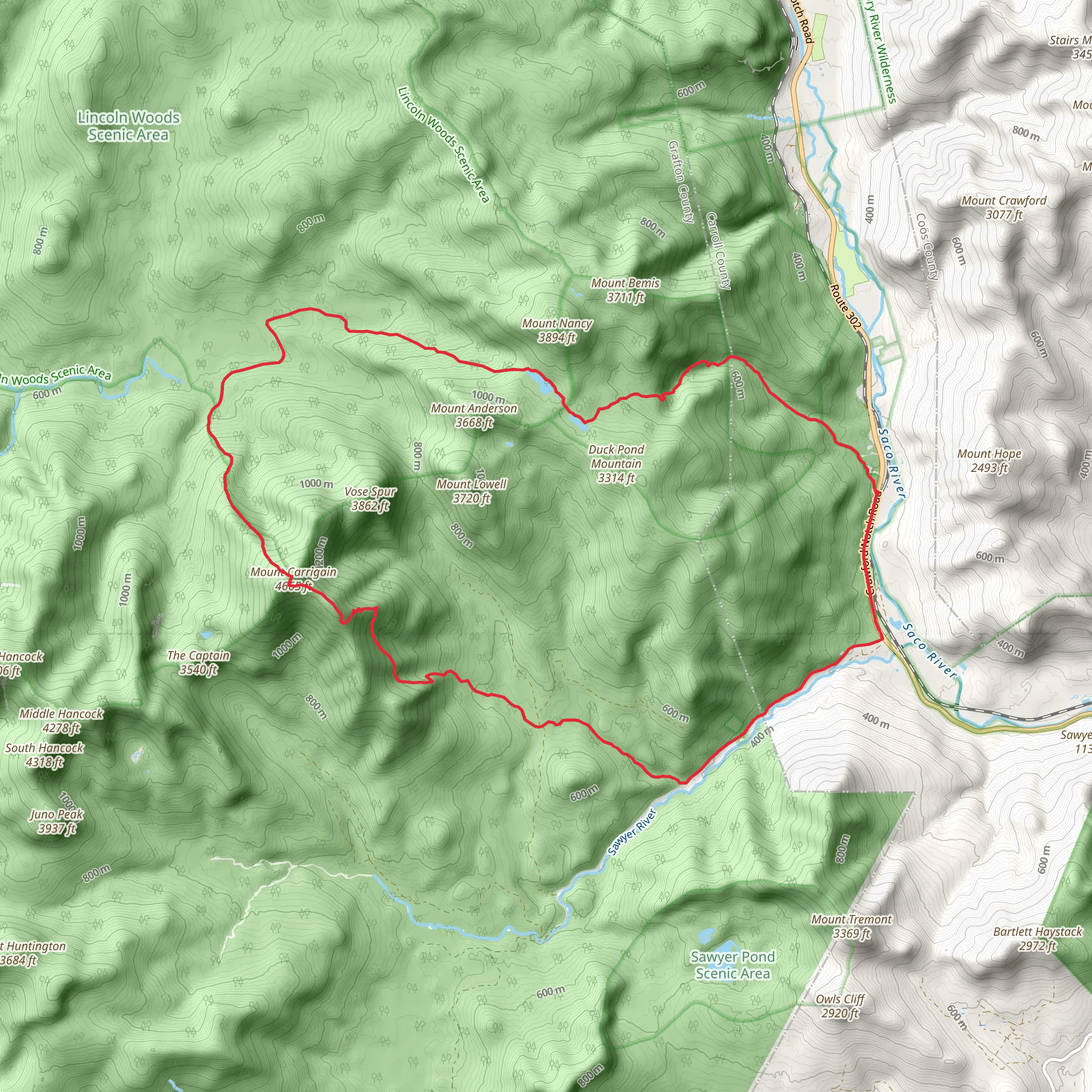Nancy Cascades and Mount Carrigain Loop mobile static map
