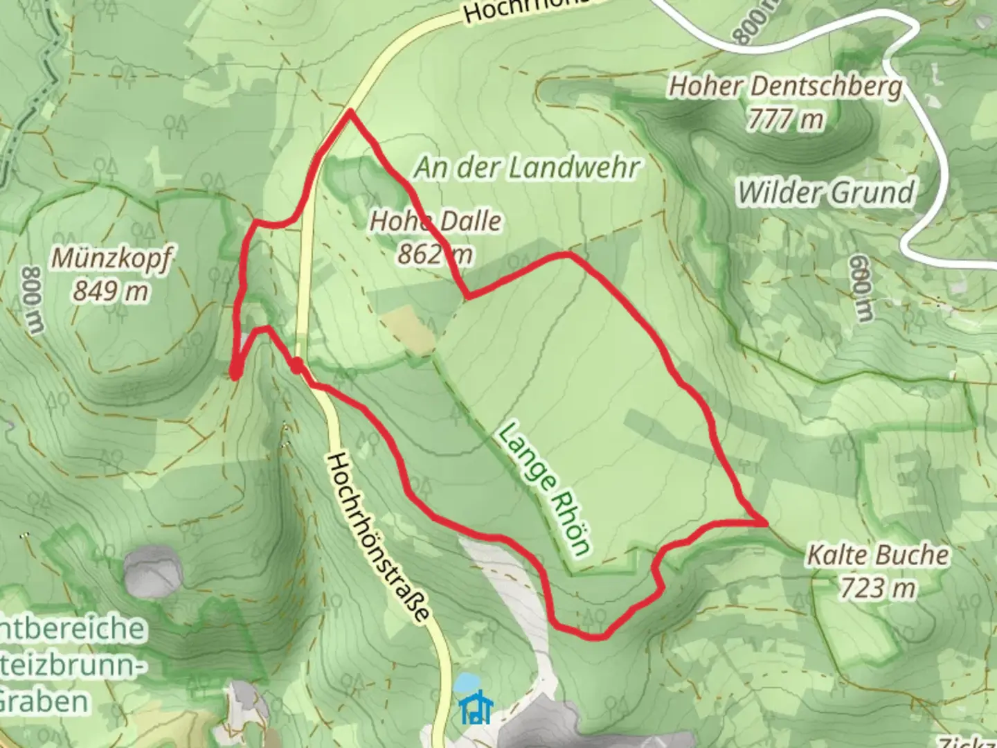 An image depicting the trail Hohe Dalle via Ostesweg and Rhoen-Rundweg and its surrounding area.