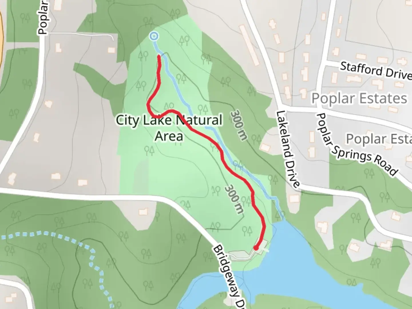 An image depicting the trail City Lake Falls and its surrounding area.
