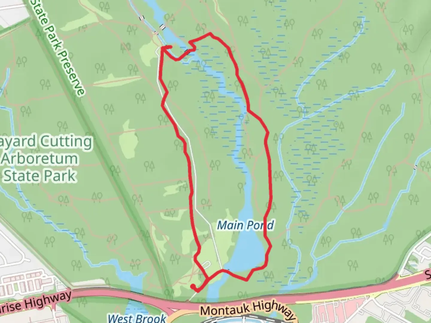 An image depicting the trail Main Pond and Long Island Greenbelt Trail Loop and its surrounding area.