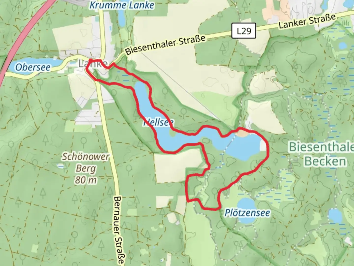 An image depicting the trail Hellsee Loop via Rund um Helsee Gruener punkt and 66 Seen Wanderweg and its surrounding area.