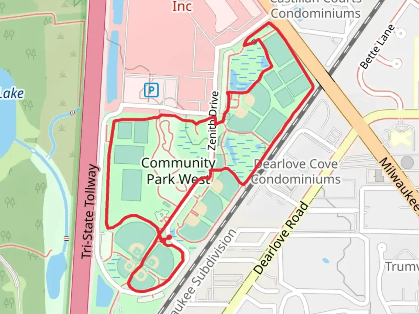 An image depicting the trail Community Park West Loop and its surrounding area.