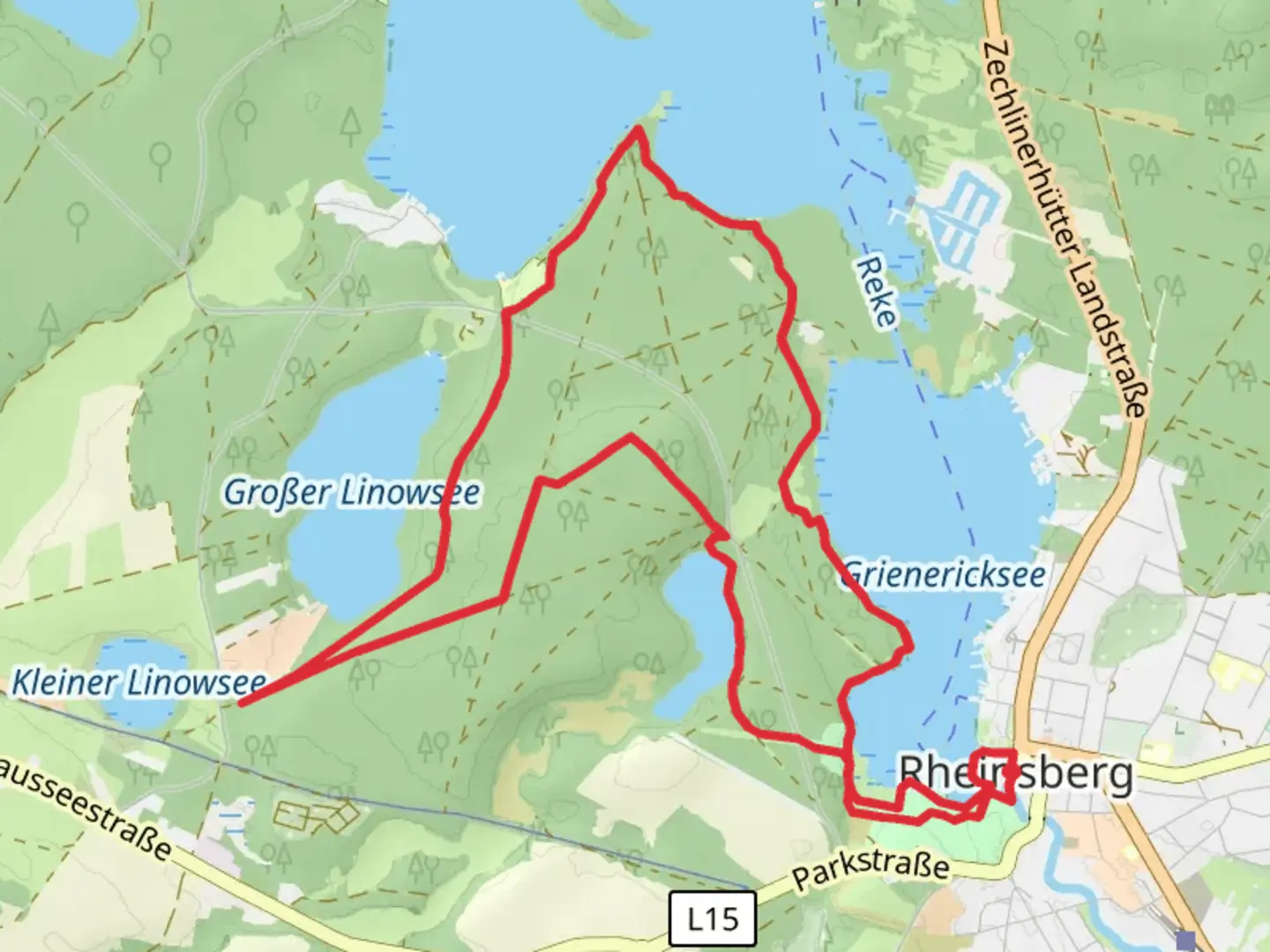 An image depicting the trail Rheinsberger See via Poetensteig and its surrounding area.