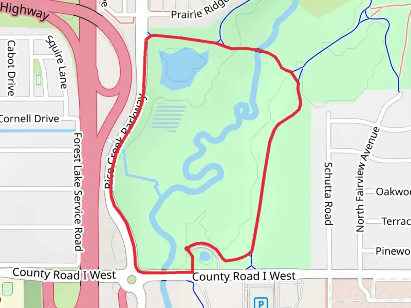 An image depicting the trail Rice Creek Parkway and its surrounding area.