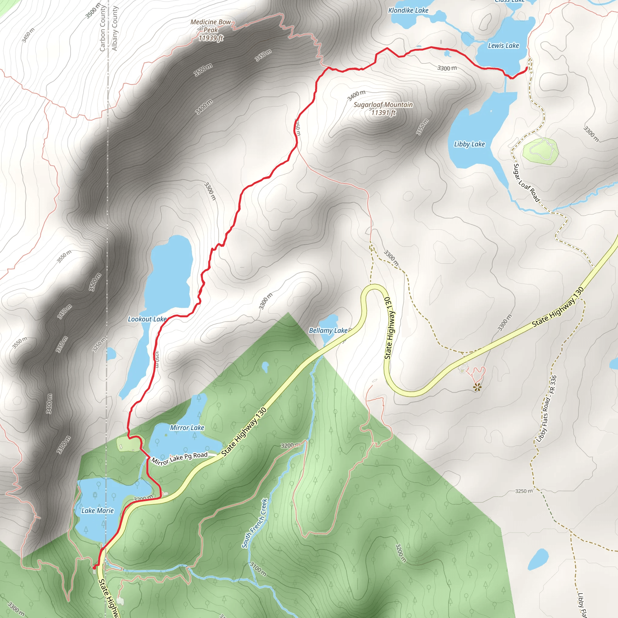Lewis Lake via Medicine Bow Peak Trail mobile static map