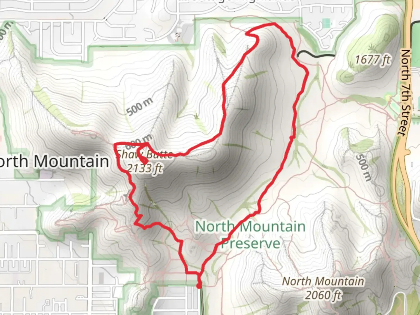 An image depicting the trail Shaw Butte Loop Trail - North 7th Avenue and its surrounding area.