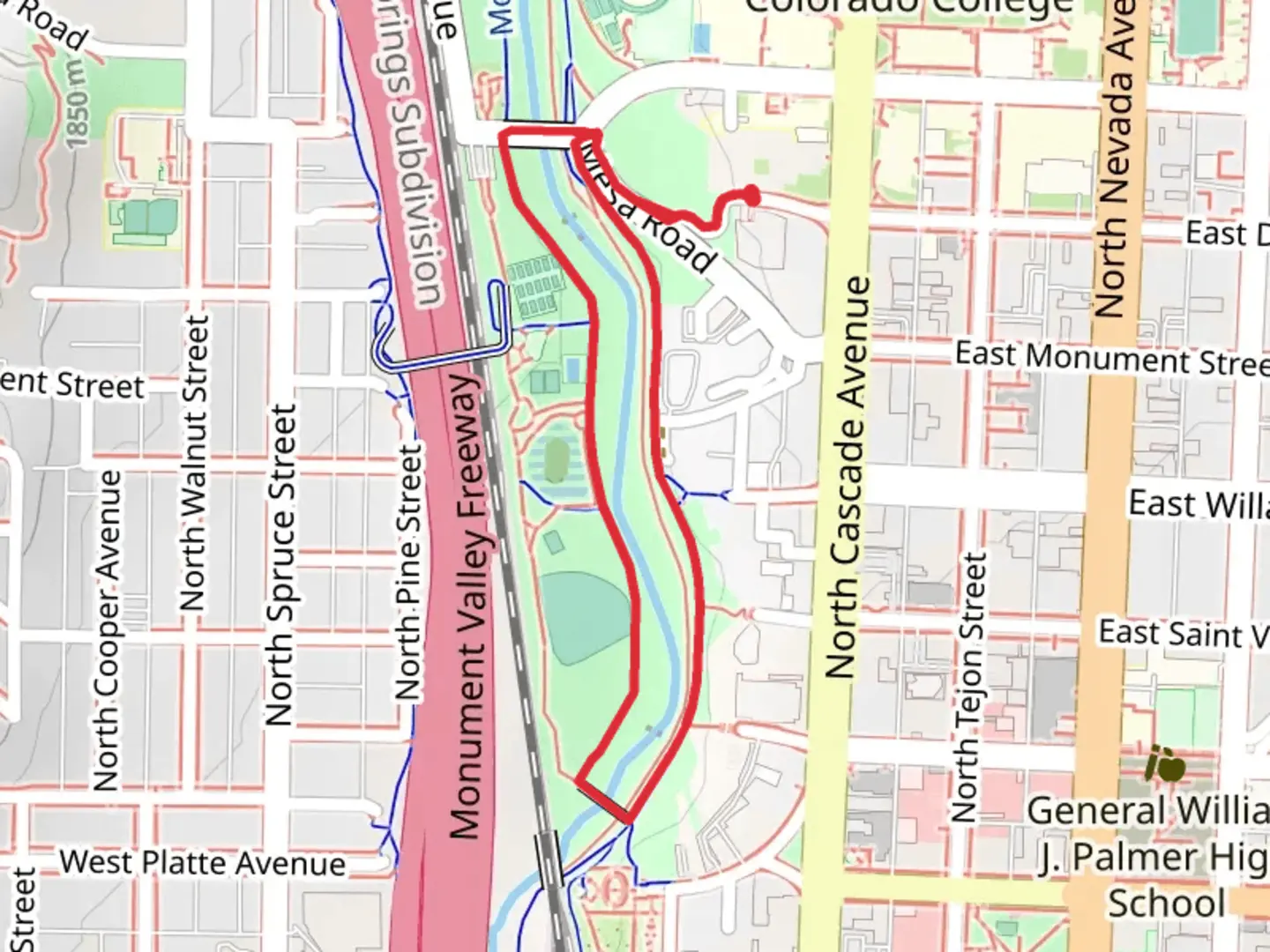 An image depicting the trail Pikes Peak Greenway and Monument Creek Loop and its surrounding area.
