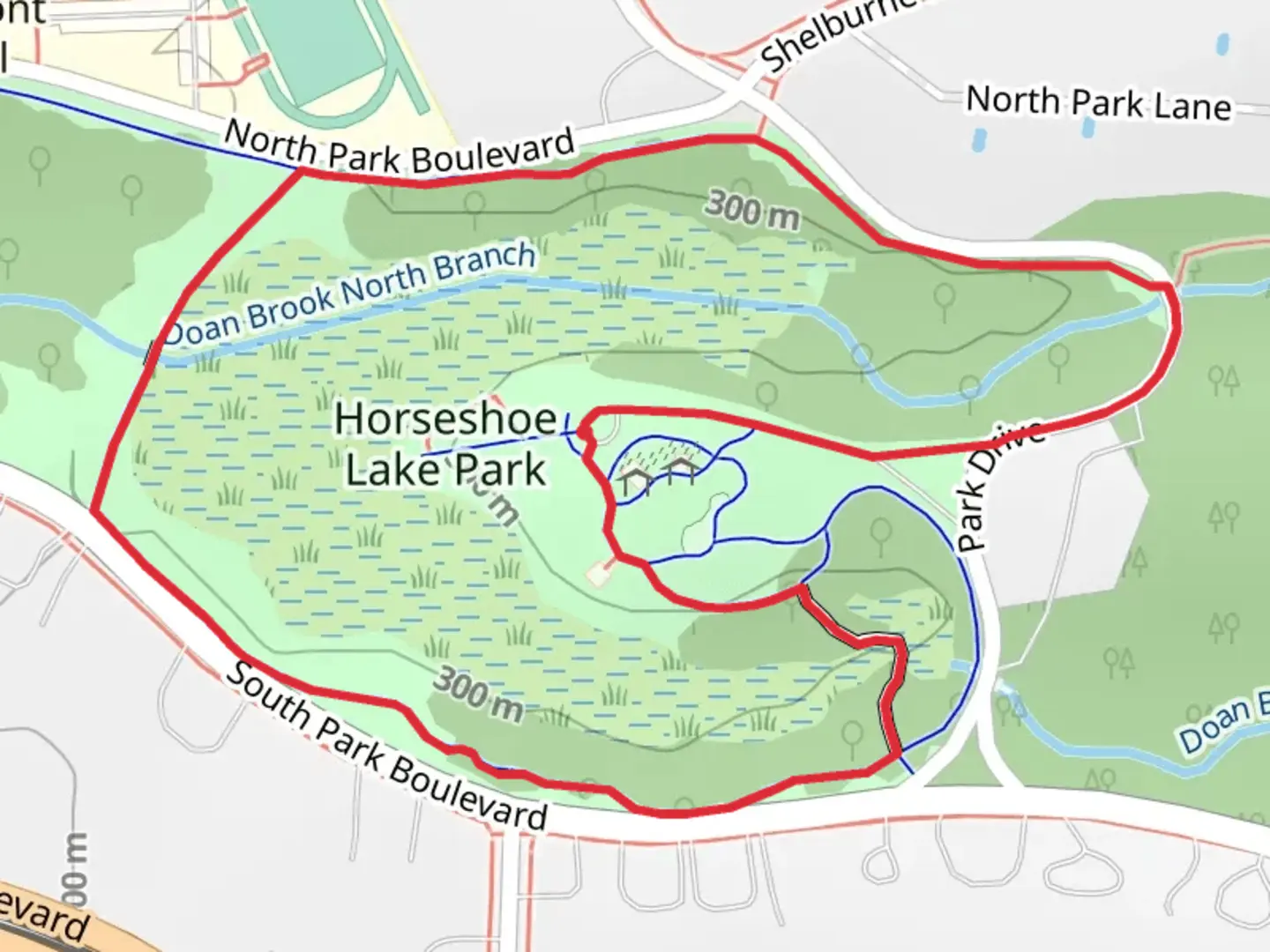 An image depicting the trail Horseshoe Lake Park Loop and its surrounding area.